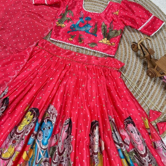 Kalam Kari Printed &  Embroidered Girl's Lehenga - Picture 10 of 12
